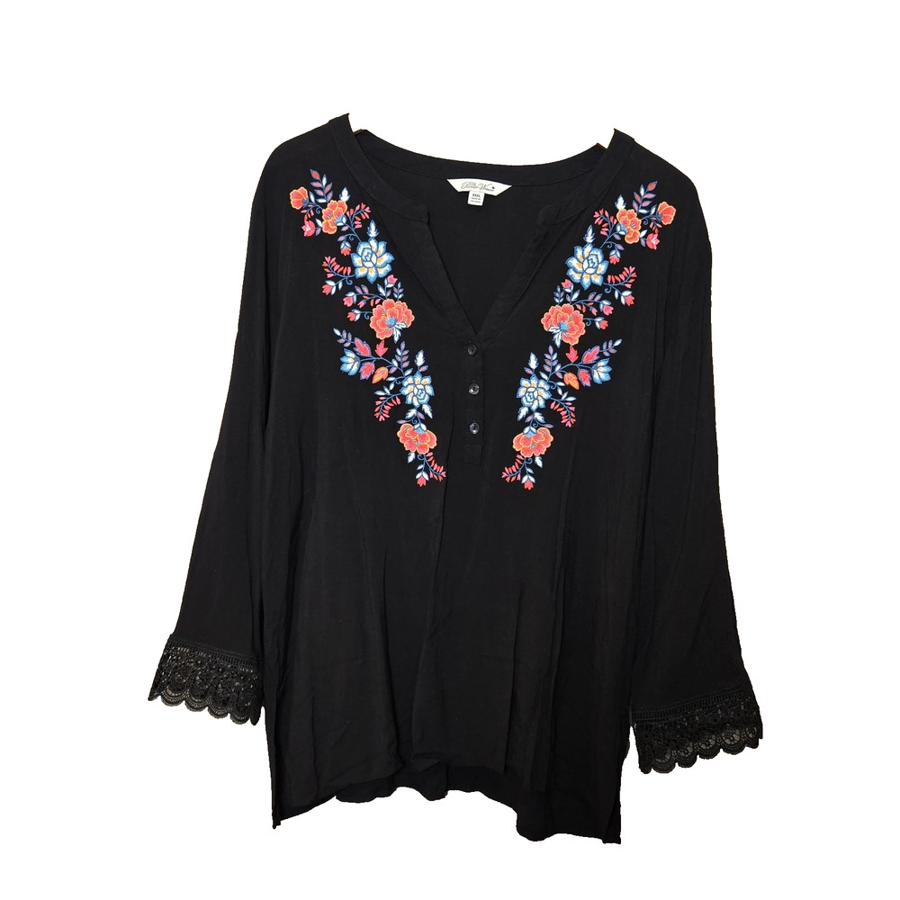 Pioneer Woman Embroidered Tunic Women's Size XXXL V Neck Blouse Tunic Black Lace
